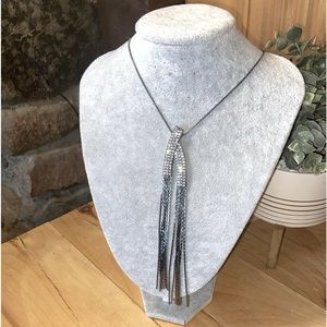 Hun Metal Long Necklace, White Rhinestones /Gun Metal Tassels/Matching Earrings